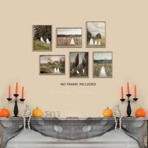 Vintage Landscape Ghost Wall Art Set of 6, Gothic Cute Ghost Halloween Canvas - Image 2