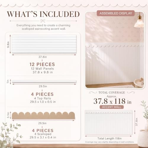 Nuanchu 1 Sets 37.8" x 118" Scalloped Wainscoting Wall Panel Kit Decor - Image 2