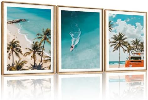 LHIUEM Nature Surfboard Beach Framed Canvas Wall Art, Summer Ocean Surfing Wall by LHIUEM