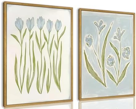 Blue Tulip Flower Wall Art Set of 2, Watercolor Floral Preppy Canvas Poster by Unknown