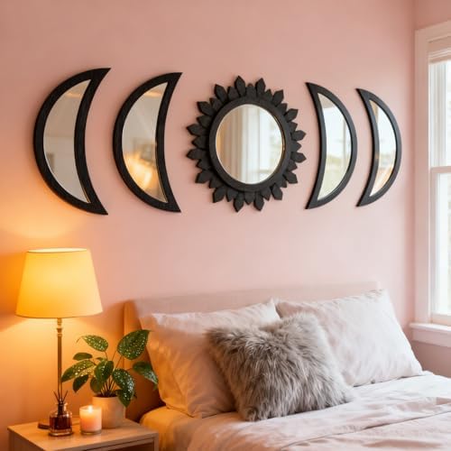 5 Pieces Moon Phase Mirror Wall-Mounted Wall Decor Mirrors Natural Wooden by CPCDACSK