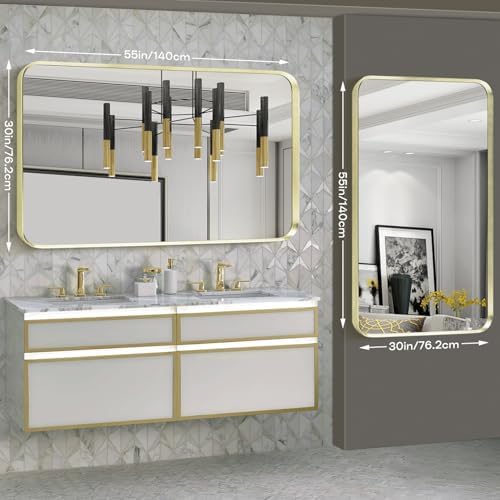 Gold Bathroom Mirror 30x55in, Metal Framed Rounded Rectangle Wall - Image 2
