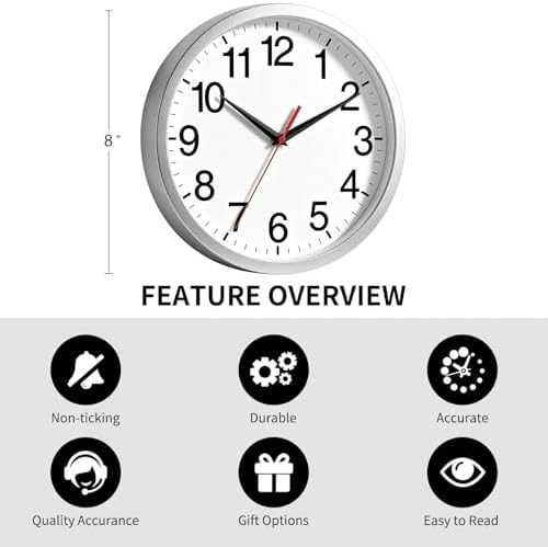 Rohioue Wall Clock Analog 8 Inch Silver Battery Operated Silent Clock - Image 3