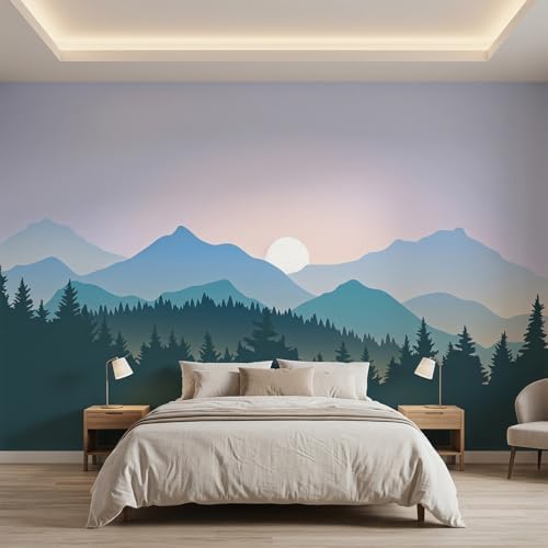 Mountain Landscape Peel and Stick Wallpaper Blue Forest Wall Mural by LOOWAP