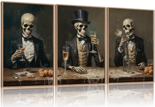 FWIEXA Halloween Skeleton Canvas Wall Art Set of 3, Gothic Skull Framed by FWIEXA