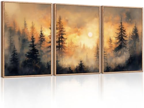 HLNIUC Nature Forest Sunset Framed Canvas Wall Art, Large Landscape Misty by HLNIUC