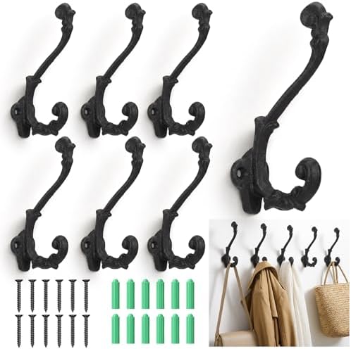 6pcs Rustic Cast Iron Coat Hooks Wall Mounted Heavy Duty Hook Vintage Black by Chumia