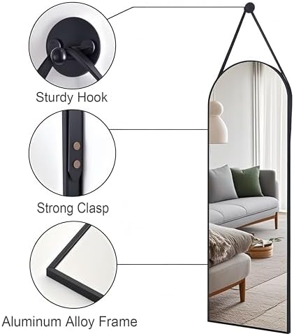 Dewfig 48"x16" Arched Full Length Mirror, Wall Mirror, Leather Strap - Image 5