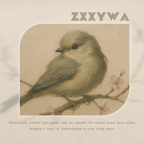 Framed Vintage Bird Canvas Wall Art, Cute Rustic Bird on Peach Blossom Print - Image 3