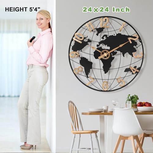 Pytha Sight 24 Inch Large World Map Vintage Gold Arabic Numerals Wall Clock - Image 3