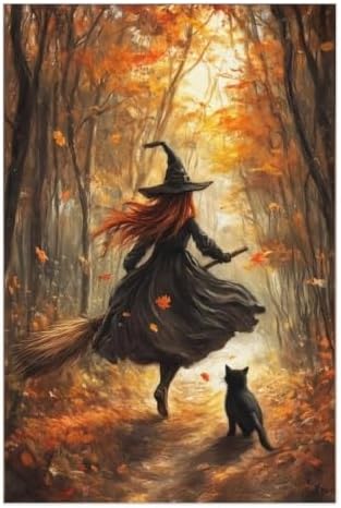 Forest Witch Black Cat Canvas Wall Art, Autumn Halloween Witch Poster Decor by Unknown
