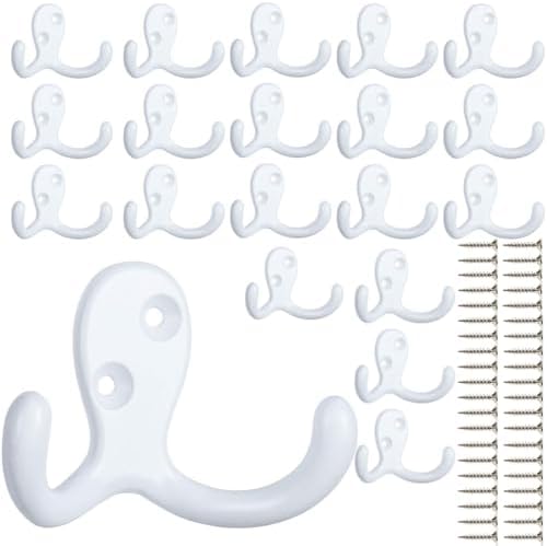 IBosins 20 Pack White Double Prong Coat Hooks Wall Mounted by IBosins