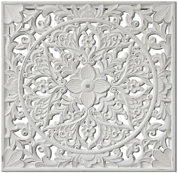 XIAOAIKA Boho Carved Wood Wall Art Panel, Floral Mandala, Distressed White - Image 2