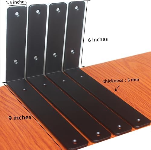 8 Pack - L 9" x H 6" x W1.5, 5mm Thick Black L Shelf Bracket, Iron Shelf - Image 2