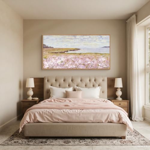 Watercolor Pink Floral Coastal Landscape Framed Canvas Wall Art-20"x40"x1 - Image 5