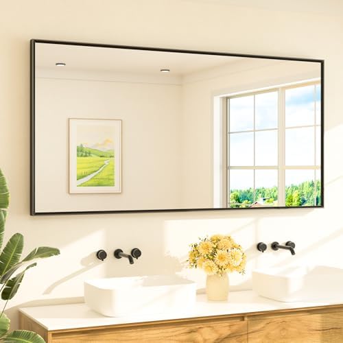 TETOTE Matte Black Beveled Framed Bathroom Mirror 72" x 36" Large Black by TETOTE