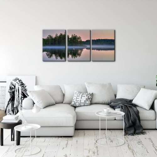 Pacimo 3 Pieces Canvas Wall Art Print Misty Lake Sunrise Wall Decor - Image 2