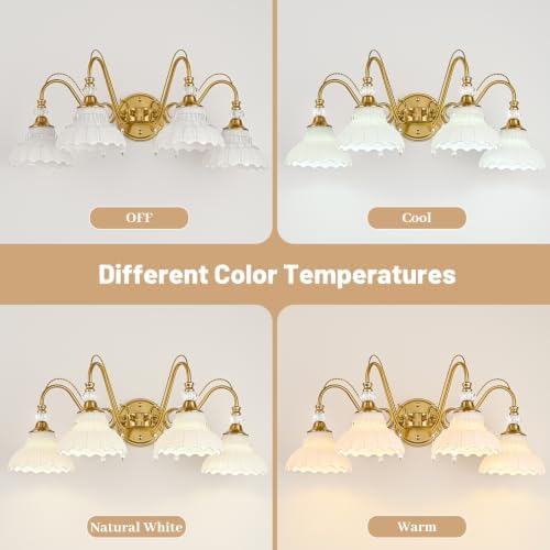 Vintage Bathroom Vanity Light, 4-Light Brushed Gold Finish Wall Sconce - Image 5