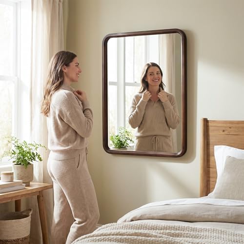 Bathroom Mirror for Wall, Wood Rectangle 30 x 36 inch Vanity Walnut Mirrors - Image 4