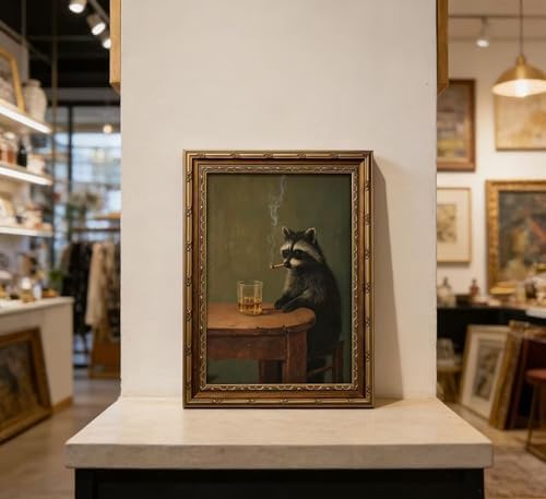Vintage Gold Framed Smoking Raccoon Wall Art, Moody Dark Funny Animal Whiskey - Image 5