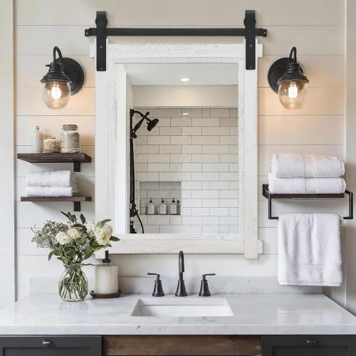 Besdomus Rustic Bathroom Vanity Mirror: 22"x30" White Farmhouse Barn Door by Besdomus