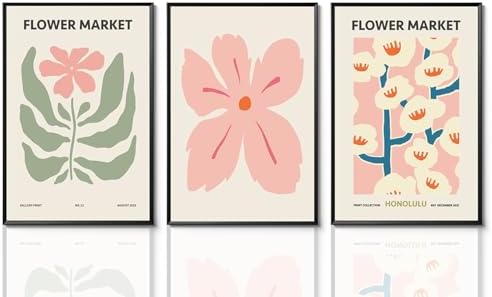Yaneiro Pink Flower Market Wall Art Set of 3, Colorful Wildflowers Floral by Unknown