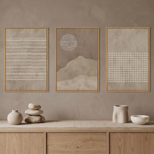 Aryroi Mid Century Modern Tan Beige Framed Canvas Wall Art Set-24"x36"x3 - Image 2