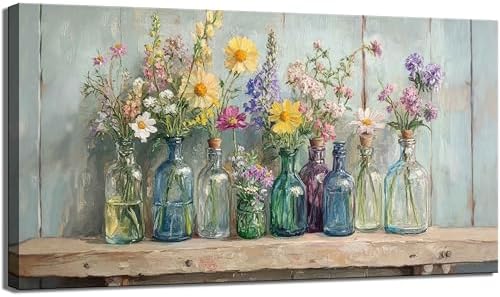 Vintage Glass Bottle Wildflower Canvas Wall Art Large Farmhouse Rustic Floral by Rijkwrdwallart