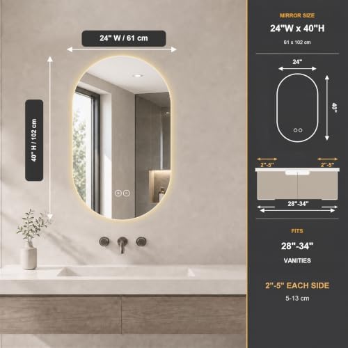 LAIYA 40X24in Oval LED Bathroom Mirror, Frameless Backlit Anti-Fog Dimmable - Image 2