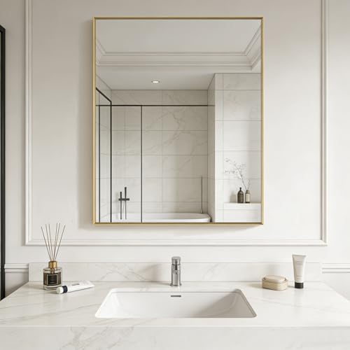 Bathroom Mirror for Wall, 40x30 Inch Framed Vanity Mirror Brushed Gold by Ruomeng