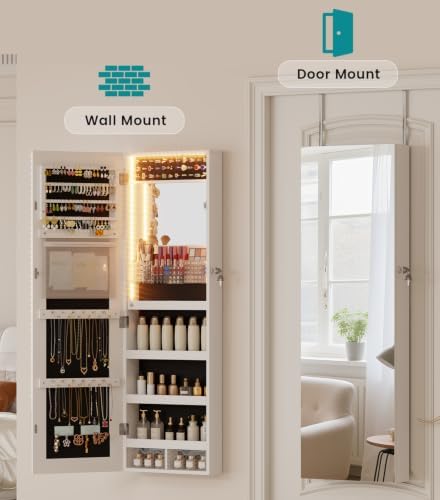 Vlsrka LED Mirror Jewelry Cabinet, Over Door/Wall Mounted Jewelry Organizer - Image 6