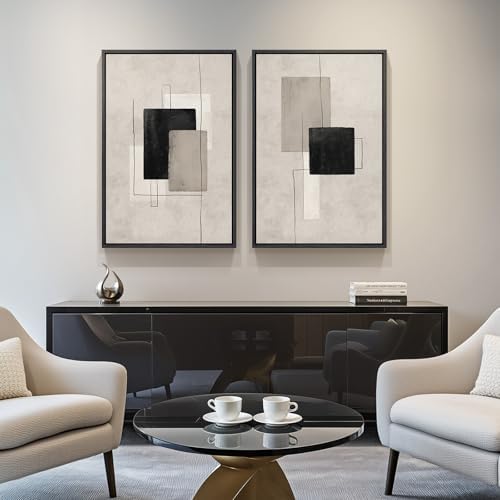 Large Framed Neutral Black Beige Abstract Wall Art Decor Set of 2, 20x30 In - Image 2