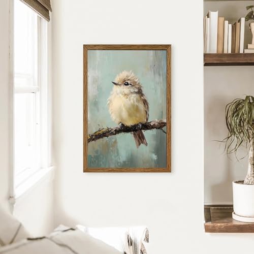 AVECCO Cute Funny Fluffy Bird on Branch Wall Art Canvas Framed 20x30 inches - Image 2