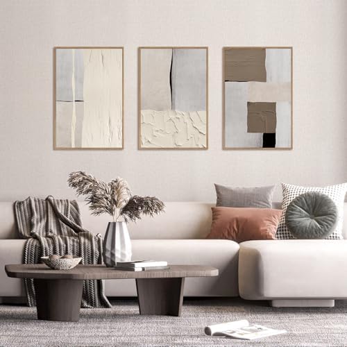 LHIUEM Large Abstract Neutral Framed Canvas Wall Art Set, Mid Century Beige - Image 2