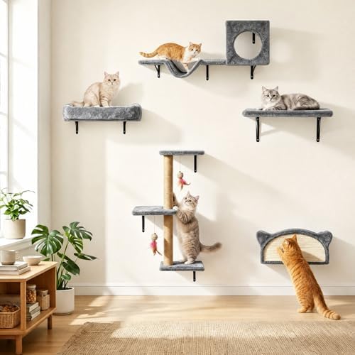5-in-1 Cat Wall Shelves for Indoor Cats, Wall Mounted Cat Furniture Set by OUTONLIFE