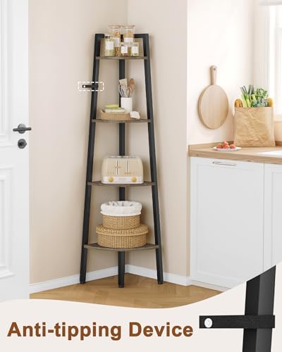 Hoctieon Corner Shelf, 4-Tier Corner Bookshelf, Rustic Ladder Shelf, Industrial - Image 4