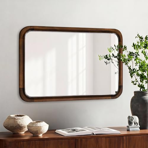 Wood Bathroom Mirror for Wall, Rectangle 20 x 30 inch Vanity Brown Mirrors - Image 2