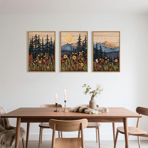 HOURIA Mid Century Woodland Mountain Framed Canvas Wall Art Set-24"x36"x3 - Image 4