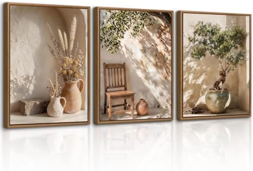 3 Pcs Framed Wabi Sabi Wall Art Neutral Earth Tone Canvas Prints 12x16 inch by WENGTIAO