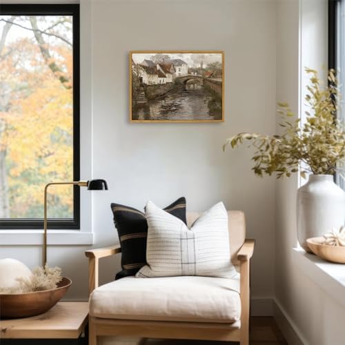 KBKBART Canvas Wall Art Framed Riverside Small Town Artwork Print 12x16inch - Image 4
