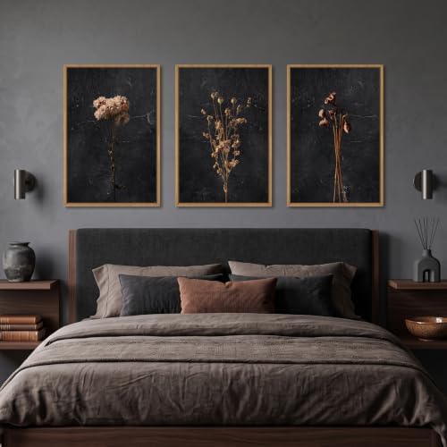 Large Boho Moody Dark Floral Framed Canvas Wall Art Set -24"x36"x3 - Image 4