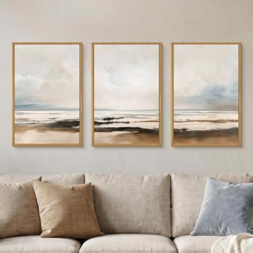 HOURIA Neutral Abstract Gray Landscape Framed Canvas Wall Art Set-24"x36"x3 by HOURIA