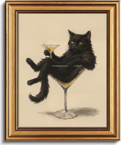 Gold Framed 3D Textured Wall Art, Vintage Black Cat Martini Canvas Prints by Jesicatmin