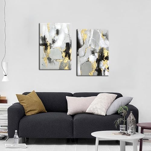 Framed Abstract Black Gold Wall Art Set of 2, Modern Black White Gold Canvas - Image 2