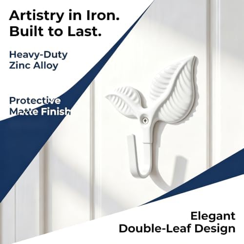 Set of 12 Vintage Leaf Wall Hooks, Rustic White Iron Heavy Duty Coat Hangers - Image 6