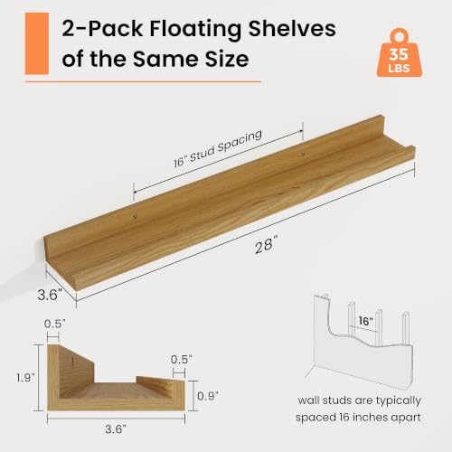 Picture Ledge Shelf, 28 inch Floating Shelves Set of 2, Oak Wood Shelf - Image 3