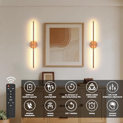 Wall Sconces Battery Operated Set of Two, Faux Wood Texture Finish Wall Lights - Image 2