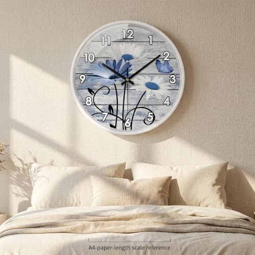Rustic Wood Board Daisy Butterfly Blue and White wall clock Silent Non Ticking - Image 7
