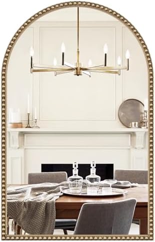 Arched Beaded Mirror for Bathroom, Retro Brass Metal Frame Champagne Bronze by Brauthon