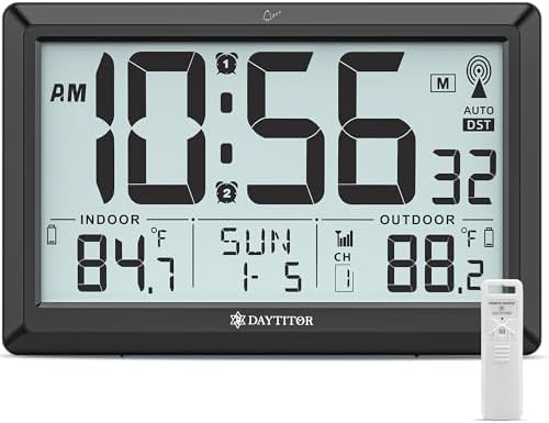 Atomic Clock Wall with Indoor/Outdoor Temp & 10.5" Large LCD Display by DAYTITOR